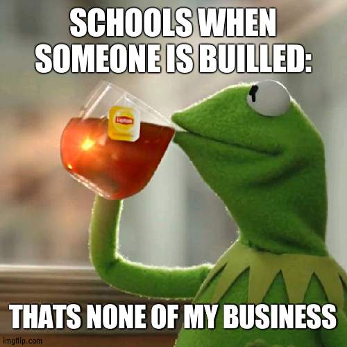 It should be schools business | SCHOOLS WHEN SOMEONE IS BUILLED:; THATS NONE OF MY BUSINESS | image tagged in memes,but that's none of my business,kermit the frog,school | made w/ Imgflip meme maker