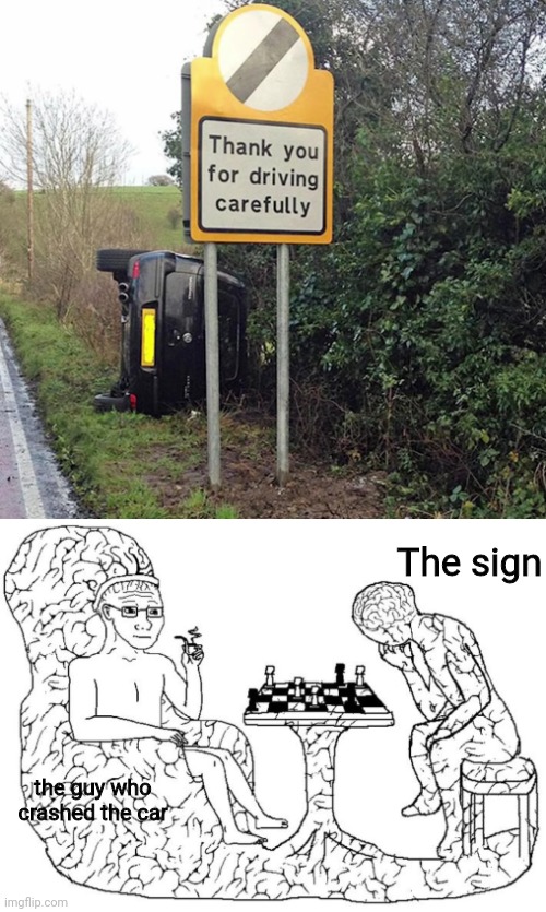 The sign; the guy who crashed the car | image tagged in big brained chess | made w/ Imgflip meme maker