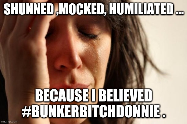 Shunned | SHUNNED ,MOCKED, HUMILIATED ... BECAUSE I BELIEVED #BUNKERBITCHDONNIE . | image tagged in memes,first world problems | made w/ Imgflip meme maker