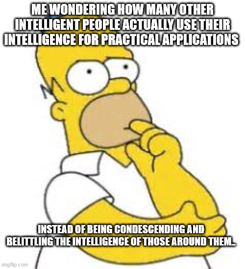 Homer Simpson Hmmmm | ME WONDERING HOW MANY OTHER INTELLIGENT PEOPLE ACTUALLY USE THEIR INTELLIGENCE FOR PRACTICAL APPLICATIONS; INSTEAD OF BEING CONDESCENDING AND BELITTLING THE INTELLIGENCE OF THOSE AROUND THEM.. | image tagged in homer simpson hmmmm | made w/ Imgflip meme maker