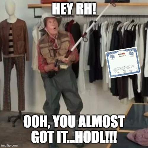GME!!! | HEY RH! OOH, YOU ALMOST GOT IT...HODL!!! | image tagged in state farm fisherman | made w/ Imgflip meme maker