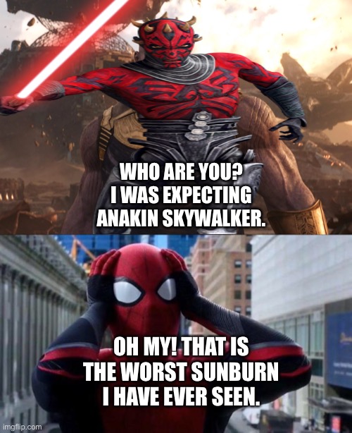 Spider-Man vs Darth Maul | WHO ARE YOU? I WAS EXPECTING ANAKIN SKYWALKER. OH MY! THAT IS THE WORST SUNBURN I HAVE EVER SEEN. | image tagged in marvel cinematic universe,star wars,spider-man,darth maul,clone wars | made w/ Imgflip meme maker