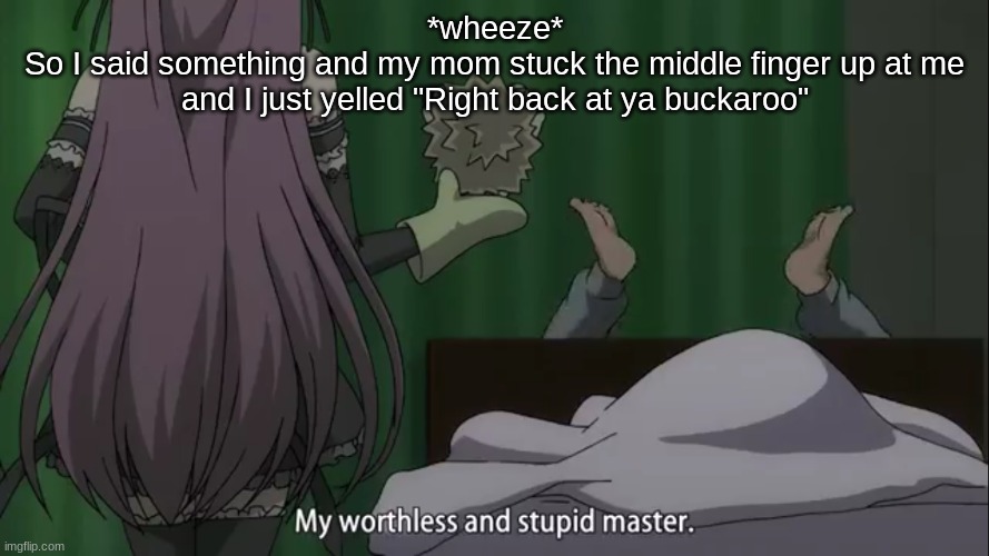 My worthless and stupid master | *wheeze*
So I said something and my mom stuck the middle finger up at me and I just yelled "Right back at ya buckaroo" | image tagged in my worthless and stupid master | made w/ Imgflip meme maker
