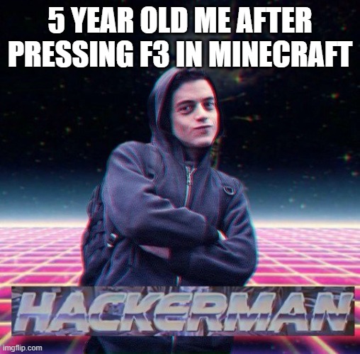 HackerMan | 5 YEAR OLD ME AFTER PRESSING F3 IN MINECRAFT | image tagged in hackerman,minecraft,creative | made w/ Imgflip meme maker