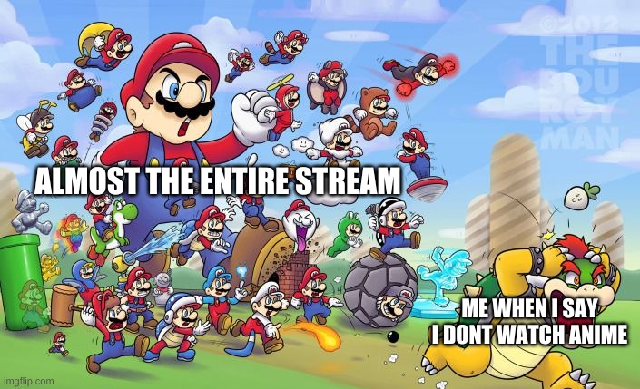 i could lose a lot of followers from this lol | ALMOST THE ENTIRE STREAM; ME WHEN I SAY I DONT WATCH ANIME | image tagged in memes,funny,mario,anime,bowser | made w/ Imgflip meme maker