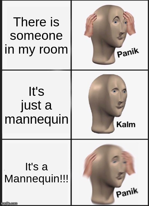 Theres someone here | There is someone in my room; It's just a mannequin; It's a Mannequin!!! | image tagged in memes,panik kalm panik | made w/ Imgflip meme maker