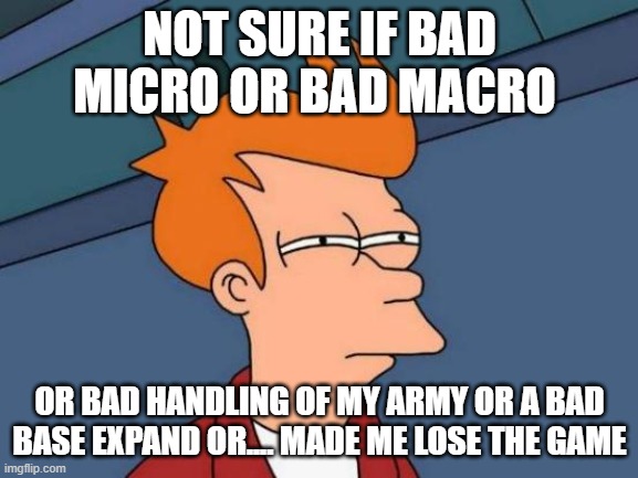 It's very difficult to know how you lost in StarCraft. | NOT SURE IF BAD MICRO OR BAD MACRO; OR BAD HANDLING OF MY ARMY OR A BAD BASE EXPAND OR.... MADE ME LOSE THE GAME | image tagged in memes,futurama fry | made w/ Imgflip meme maker