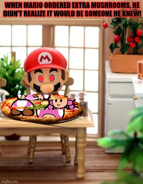 Mario at the pizzeria | WHEN MARIO ORDERED EXTRA MUSHROOMS, HE DIDN'T REALIZE IT WOULD BE SOMEONE HE KNEW! | image tagged in mario,pizza time,toadette,mushrooms,pizza | made w/ Imgflip meme maker