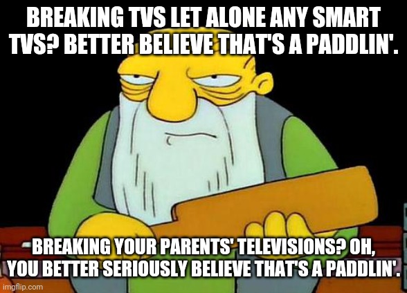 That's a paddlin' Meme | BREAKING TVS LET ALONE ANY SMART TVS? BETTER BELIEVE THAT'S A PADDLIN'. BREAKING YOUR PARENTS' TELEVISIONS? OH, YOU BETTER SERIOUSLY BELIEVE THAT'S A PADDLIN'. | image tagged in memes,that's a paddlin',savage memes,tv | made w/ Imgflip meme maker