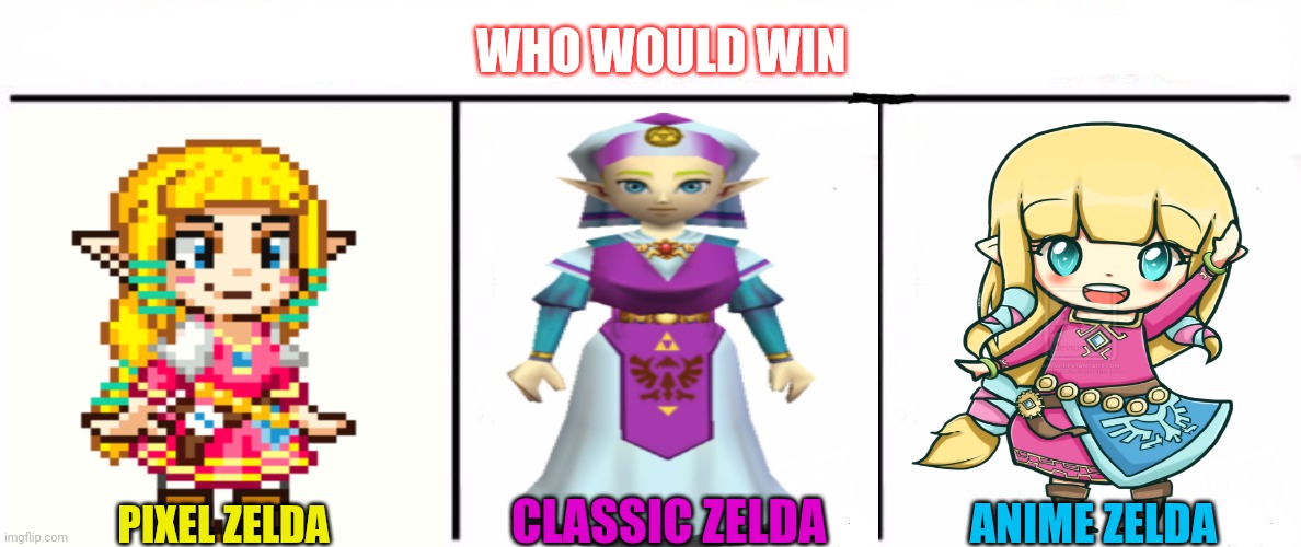 Zelda faceoff! | WHO WOULD WIN; CLASSIC ZELDA; ANIME ZELDA; PIXEL ZELDA | image tagged in memes,who would win,princess,zelda,anime,pixel | made w/ Imgflip meme maker