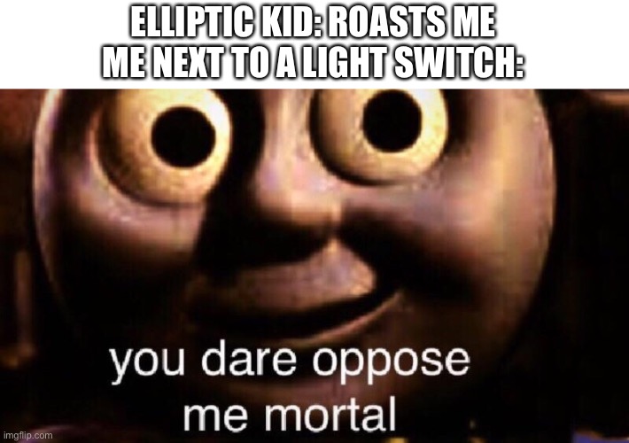 You dare oppose me mortal | ELLIPTIC KID: ROASTS ME
ME NEXT TO A LIGHT SWITCH: | image tagged in you dare oppose me mortal | made w/ Imgflip meme maker