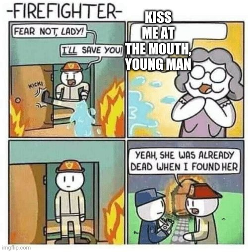 Fear not lady, I'll save you | KISS ME AT THE MOUTH, YOUNG MAN | image tagged in fear not lady i'll save you,kiss | made w/ Imgflip meme maker