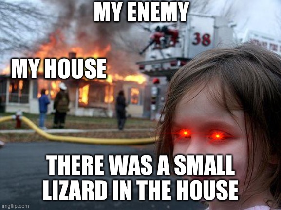 Disaster Girl | MY ENEMY; MY HOUSE; THERE WAS A SMALL LIZARD IN THE HOUSE | image tagged in memes,disaster girl | made w/ Imgflip meme maker