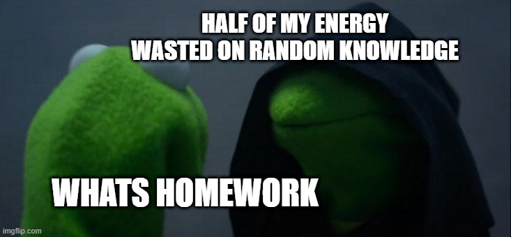 The right thing | HALF OF MY ENERGY WASTED ON RANDOM KNOWLEDGE; WHATS HOMEWORK | image tagged in memes,evil kermit | made w/ Imgflip meme maker