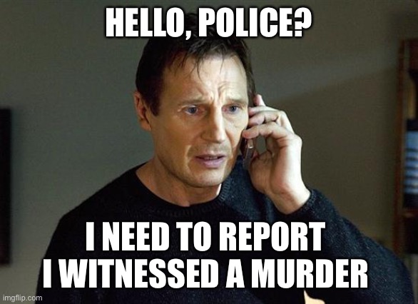 Need to report | HELLO, POLICE? I NEED TO REPORT 
I WITNESSED A MURDER | image tagged in memes,liam neeson taken 2 | made w/ Imgflip meme maker