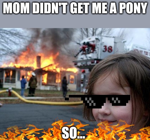 Disaster Girl | MOM DIDN'T GET ME A PONY; SO... | image tagged in memes,disaster girl | made w/ Imgflip meme maker