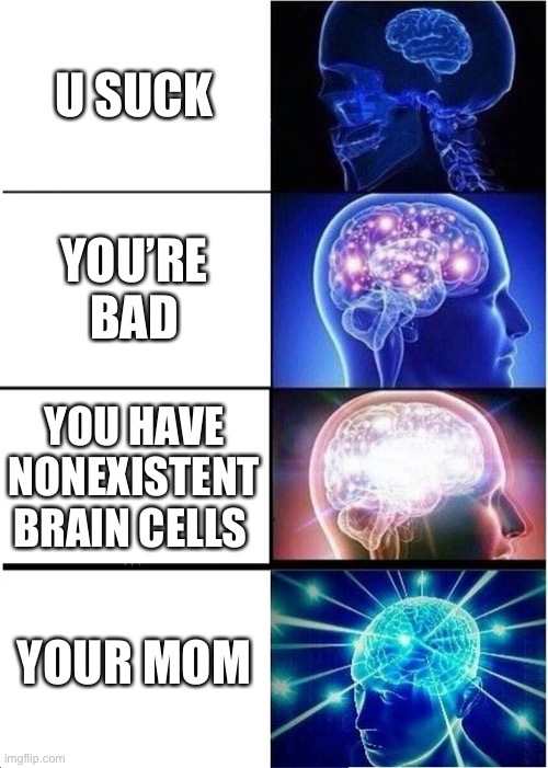 Expanding Brain Meme | U SUCK; YOU’RE BAD; YOU HAVE NONEXISTENT BRAIN CELLS; YOUR MOM | image tagged in memes,expanding brain | made w/ Imgflip meme maker
