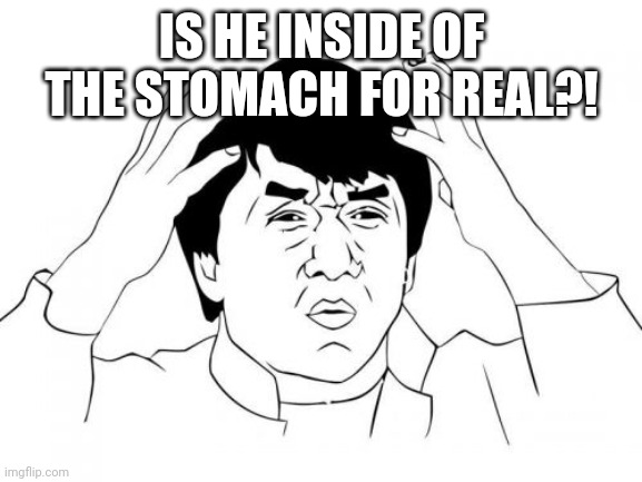 Jackie Chan WTF Meme | IS HE INSIDE OF THE STOMACH FOR REAL?! | image tagged in memes,jackie chan wtf | made w/ Imgflip meme maker