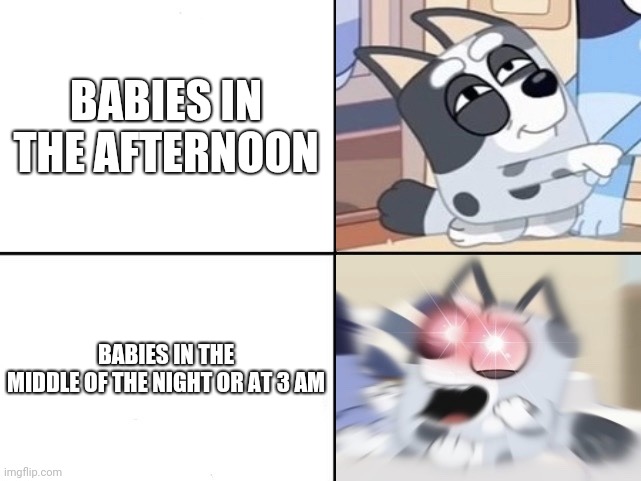 Babies these days | BABIES IN THE AFTERNOON; BABIES IN THE MIDDLE OF THE NIGHT OR AT 3 AM | image tagged in muffin moods | made w/ Imgflip meme maker