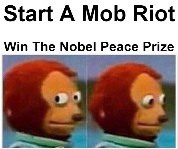 Seems Legit | Start A Mob Riot; Win The Nobel Peace Prize | image tagged in memes,monkey puppet | made w/ Imgflip meme maker