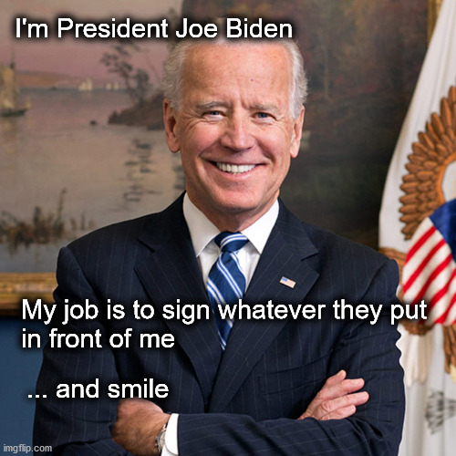 Hi, I'm President Joe Biden | I'm President Joe Biden; My job is to sign whatever they put 
in front of me; ... and smile | image tagged in politics | made w/ Imgflip meme maker