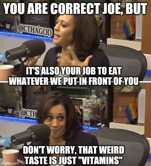 Conspiracy Theory Kamala | YOU ARE CORRECT JOE, BUT IT'S ALSO YOUR JOB TO EAT WHATEVER WE PUT IN FRONT OF YOU DON'T WORRY, THAT WEIRD TASTE IS JUST "VITAMINS" | image tagged in conspiracy theory kamala | made w/ Imgflip meme maker