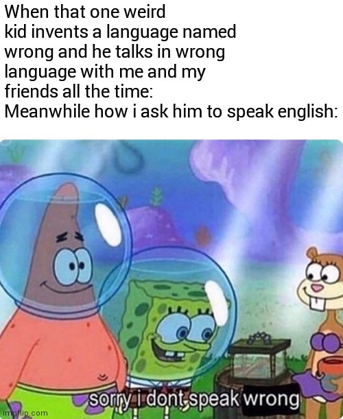 Free epic insects for pets | When that one weird kid invents a language named wrong and he talks in wrong language with me and my friends all the time:
Meanwhile how i ask him to speak english: | image tagged in sorry i don't speak wrong,spongebob,memes,firefly,sorry,weird | made w/ Imgflip meme maker