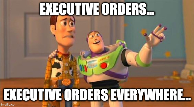 Buzz And Woody | EXECUTIVE ORDERS... EXECUTIVE ORDERS EVERYWHERE... | image tagged in buzz and woody | made w/ Imgflip meme maker