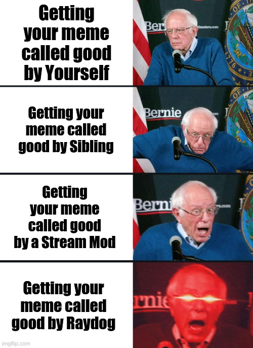 I dont know | Getting your meme called good by Yourself; Getting your meme called good by Sibling; Getting your meme called good by a Stream Mod; Getting your meme called good by Raydog | image tagged in bernie sanders reaction nuked,raydog,moderators,imgflip | made w/ Imgflip meme maker