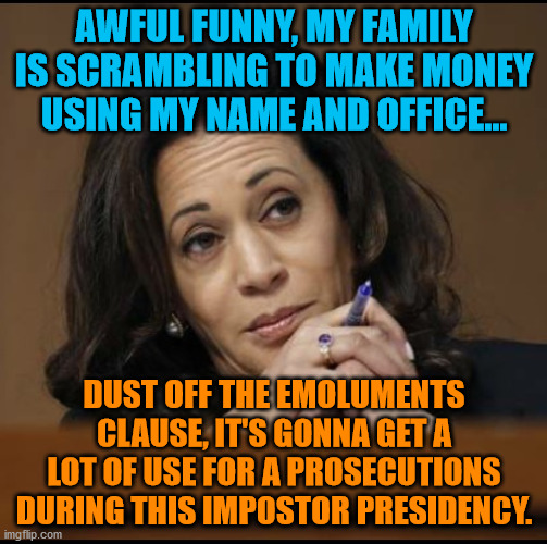 Kamala Harris  | AWFUL FUNNY, MY FAMILY IS SCRAMBLING TO MAKE MONEY USING MY NAME AND OFFICE... DUST OFF THE EMOLUMENTS CLAUSE, IT'S GONNA GET A LOT OF USE FOR A PROSECUTIONS DURING THIS IMPOSTOR PRESIDENCY. | image tagged in kamala harris | made w/ Imgflip meme maker