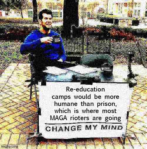 Not to mention prisons are hotbeds of further radicalization | Re-education camps would be more humane than prison, which is where most MAGA rioters are going | image tagged in change my mind crowder deep-fried 1,maga,rioters,prison,change my mind crowder,change my mind | made w/ Imgflip meme maker