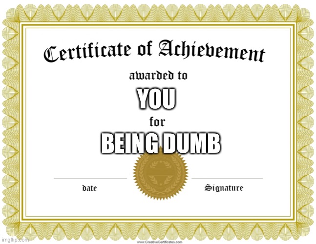 CERTIFICATE OF ACHIEVEMENT | BEING DUMB YOU | image tagged in certificate of achievement | made w/ Imgflip meme maker