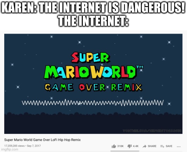 best shit i heard in a long time | KAREN: THE INTERNET IS DANGEROUS!
THE INTERNET: | image tagged in memes,funny,internet,karen,music,mario | made w/ Imgflip meme maker