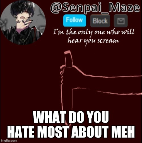mazes insanity temp | WHAT DO YOU HATE MOST ABOUT MEH | image tagged in mazes insanity temp | made w/ Imgflip meme maker