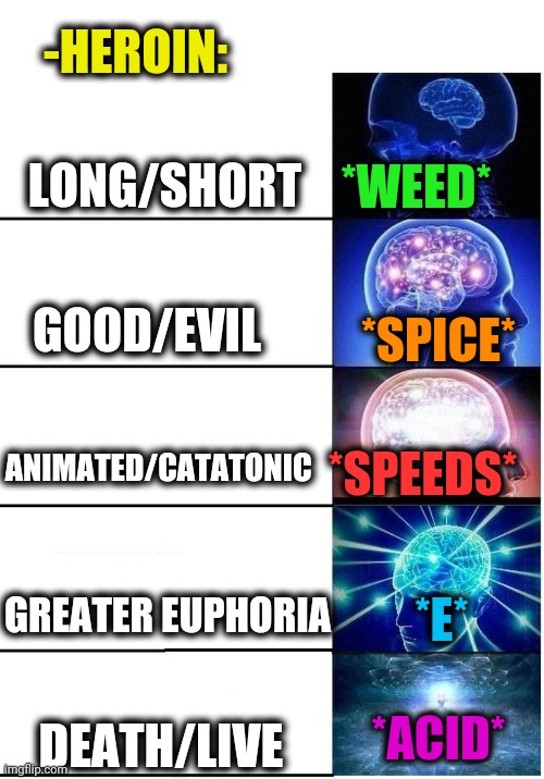-Explain symbols. | -HEROIN:; LONG/SHORT; *WEED*; *SPICE*; GOOD/EVIL; ANIMATED/CATATONIC; *SPEEDS*; *E*; GREATER EUPHORIA; *ACID*; DEATH/LIVE | image tagged in expanding brain 5 panel,drugs are bad,heroin,theneedledrop,you dare use my own spells against me,mass effect andromeda | made w/ Imgflip meme maker
