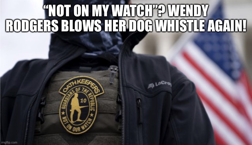 Wendy Rodgers AZ State Senate | “NOT ON MY WATCH”? WENDY RODGERS BLOWS HER DOG WHISTLE AGAIN! | image tagged in oath schleppers | made w/ Imgflip meme maker