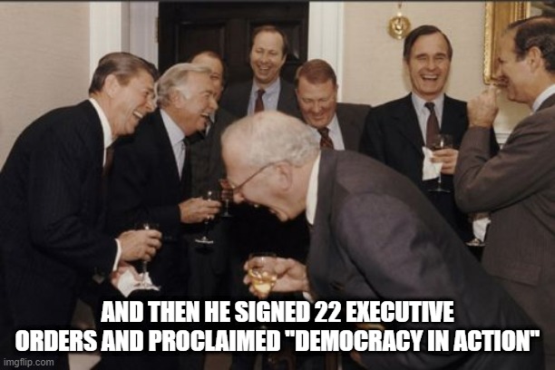 It's Called "Authoritarian" People | AND THEN HE SIGNED 22 EXECUTIVE ORDERS AND PROCLAIMED "DEMOCRACY IN ACTION" | image tagged in memes,laughing men in suits | made w/ Imgflip meme maker