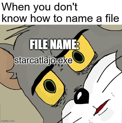 File saving naming filsavf!.c | When you don't know how to name a file; FILE NAME:; starcatlajo.exe | image tagged in memes,relatable,funny,tom and jerry | made w/ Imgflip meme maker