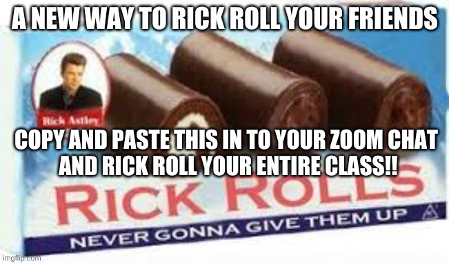 get rick rolled by a meme | A NEW WAY TO RICK ROLL YOUR FRIENDS; COPY AND PASTE THIS IN TO YOUR ZOOM CHAT 
AND RICK ROLL YOUR ENTIRE CLASS!! | image tagged in rick rolled | made w/ Imgflip meme maker