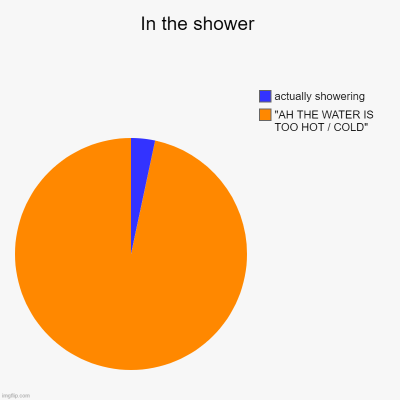 Just why. | In the shower | "AH THE WATER IS TOO HOT / COLD", actually showering | image tagged in charts,pie charts | made w/ Imgflip chart maker