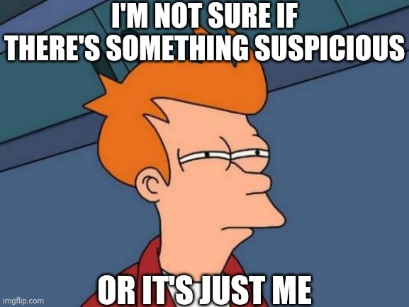 It Could Be Anything | I'M NOT SURE IF THERE'S SOMETHING SUSPICIOUS; OR IT'S JUST ME | image tagged in memes,futurama fry | made w/ Imgflip meme maker