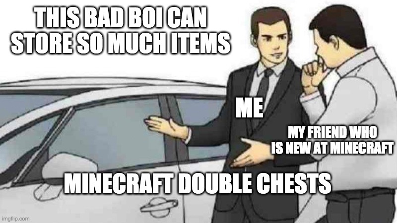 This bad boi can store so much... | THIS BAD BOI CAN STORE SO MUCH ITEMS; ME; MY FRIEND WHO IS NEW AT MINECRAFT; MINECRAFT DOUBLE CHESTS | image tagged in memes,car salesman slaps roof of car | made w/ Imgflip meme maker