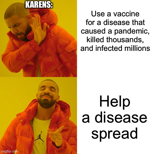 Karens be like | KARENS:; Use a vaccine for a disease that caused a pandemic, killed thousands, and infected millions; Help a disease spread | image tagged in memes,drake hotline bling,karen | made w/ Imgflip meme maker