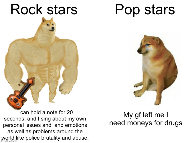 Pop is icky :P | Rock stars; Pop stars; My gf left me I need moneys for drugs; I can hold a note for 20 seconds, and I sing about my own personal issues and  and emotions as well as problems around the world like police brutality and abuse. | image tagged in memes,buff doge vs cheems,rock music,pop music | made w/ Imgflip meme maker