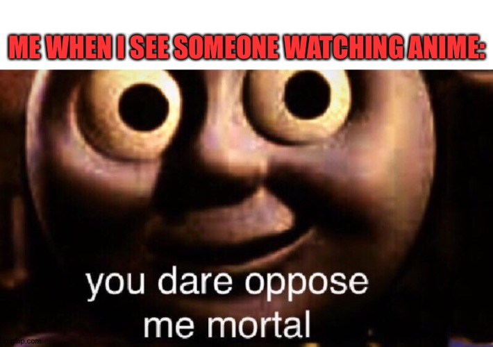 NO ANIME | ME WHEN I SEE SOMEONE WATCHING ANIME: | image tagged in you dare oppose me mortal | made w/ Imgflip meme maker