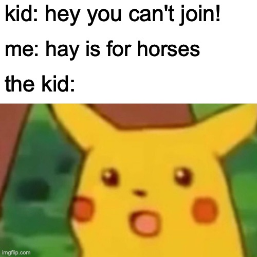 Surprised Pikachu | kid: hey you can't join! me: hay is for horses; the kid: | image tagged in memes,surprised pikachu | made w/ Imgflip meme maker