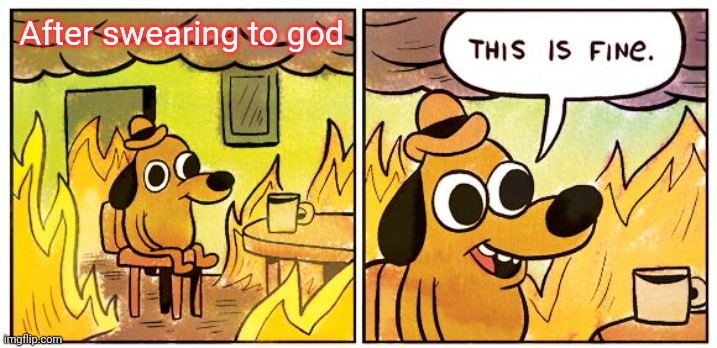This Is Fine Meme | After swearing to god | image tagged in memes,this is fine | made w/ Imgflip meme maker