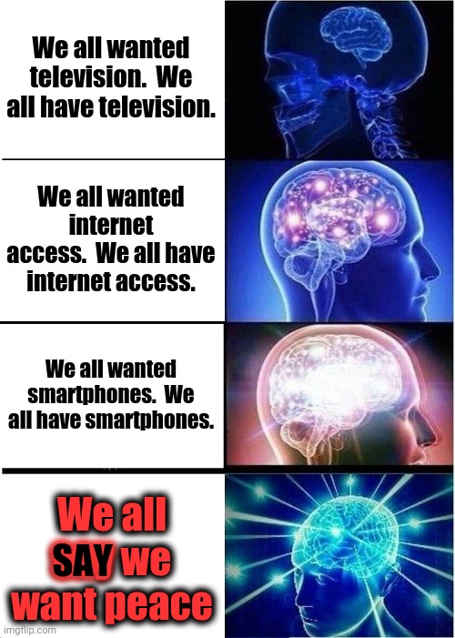 Buy Peace By Not Supporting Supporters Of Turmoil And Division | We all wanted television.  We all have television. We all wanted internet access.  We all have internet access. We all wanted smartphones.  We all have smartphones. We all say we want peace; SAY | image tagged in memes,expanding brain,world peace,tv,smartphones,internet | made w/ Imgflip meme maker