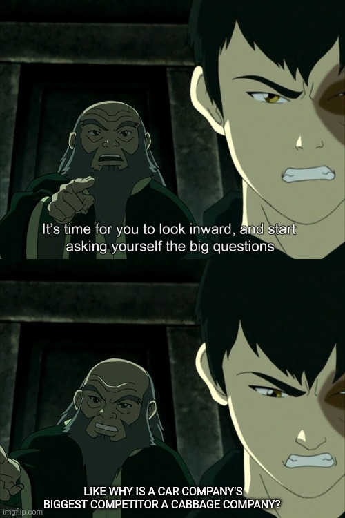 A LOK meme
Mod note: I approve Korra memes | LIKE WHY IS A CAR COMPANY'S BIGGEST COMPETITOR A CABBAGE COMPANY? | image tagged in you need to look inwards | made w/ Imgflip meme maker