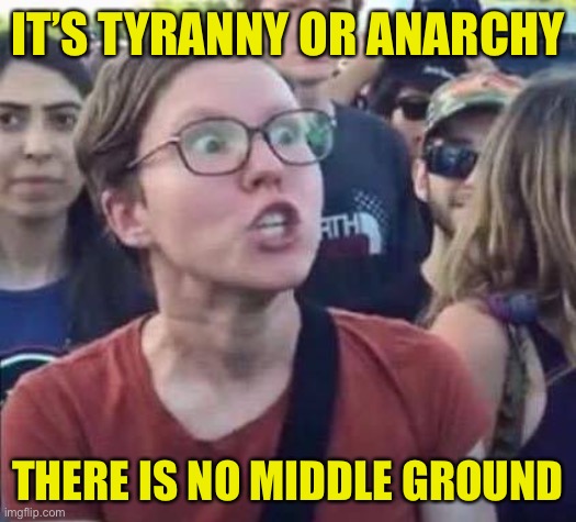 Angry Liberal | IT’S TYRANNY OR ANARCHY THERE IS NO MIDDLE GROUND | image tagged in angry liberal | made w/ Imgflip meme maker